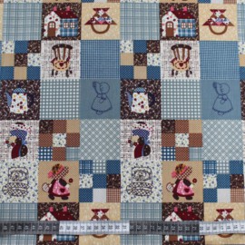 Patchworkmuster blau ,beige mit Puppen