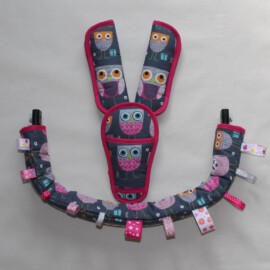 Bügelbezug ,Gurtpolster und Schnallenpolster ,Eulen auf grau/pink