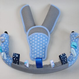 Bügelbezug ,Gurtpolster und Schnallenpolster ,grauer Stoff mit Punkten,blau/grau