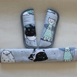 Bügelbezug mit passenden Gurtpolstern ,Baumwollstoff “grau / mint mit Katzen “
