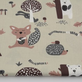 Baumwollstoff  Teddybären, Füchse, Igel auf  beige