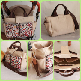 Kinderwagentasche, canvas uni beige mit Blümen