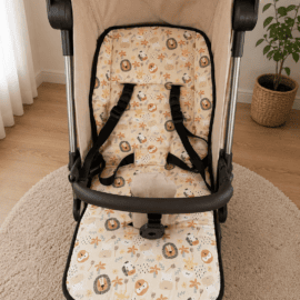 Sitzauflage mit passenden Gurtpolstern für "ABC Design" Baumwollstoff Zoo Tiere auf beige